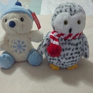 Charming Blue and White Snowman & Gray Owl Plush Set